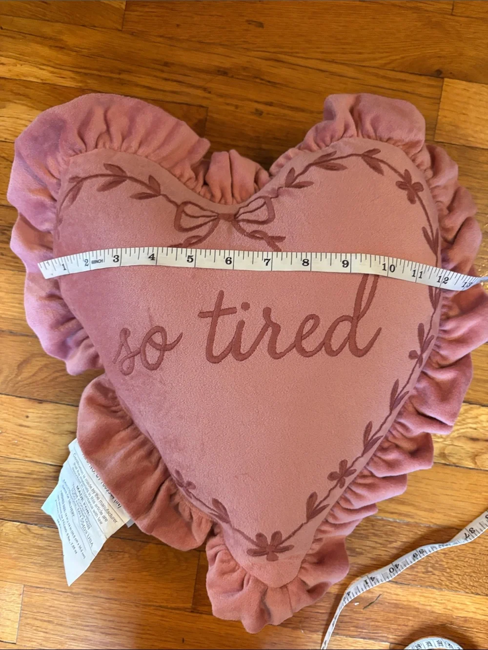 “So Tired” Preppy Pink Heart Bow Throw Pillow w/ Ruffle - New, Unused